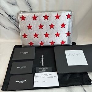 YSL Saint Laurent Paris pouch silver with red stars NWT